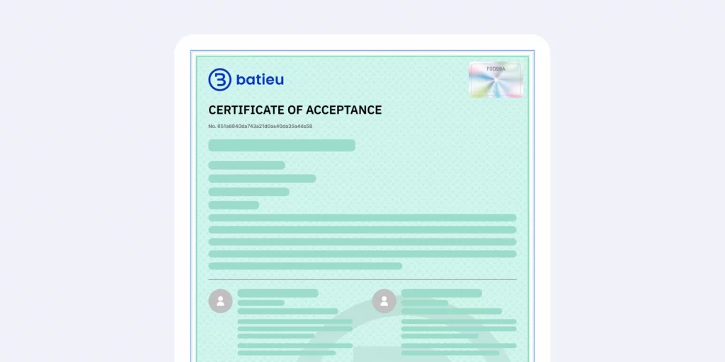 Certificate of acceptance - Construction cost estimate in Batieu
