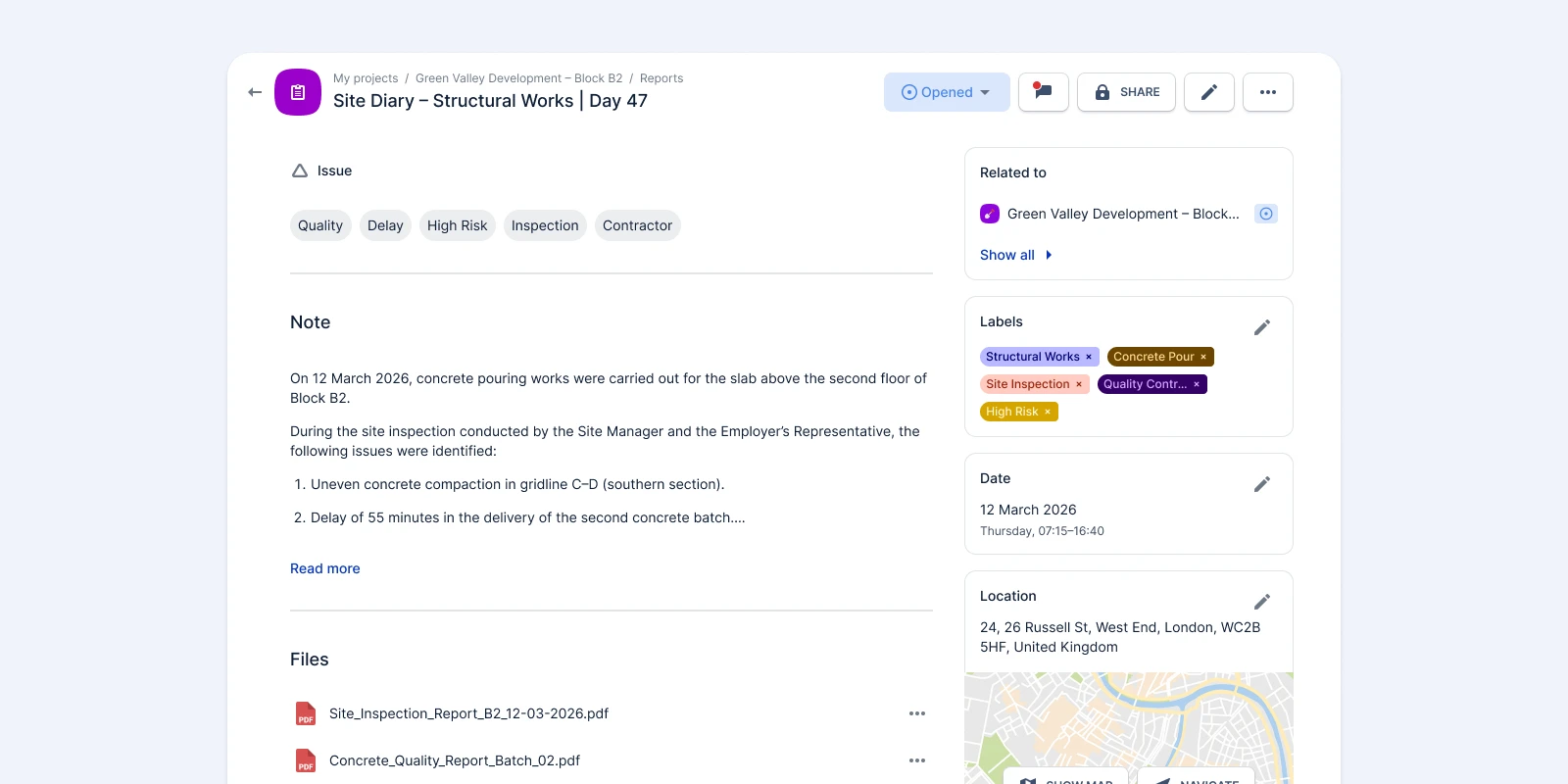 What does the construction report look like in the application