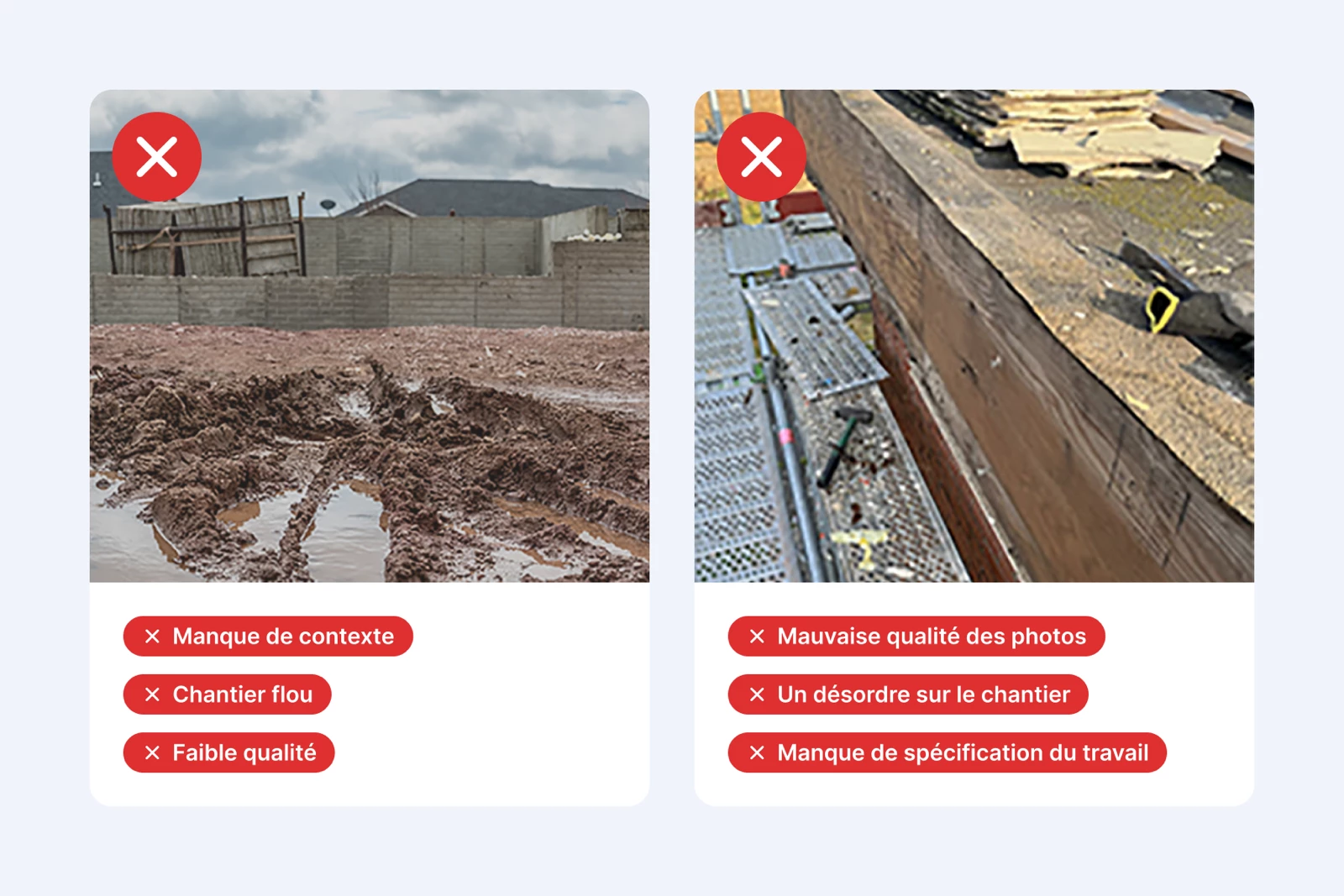 Exemples de photos de mauvaise qualité dans un portfolio de construction
