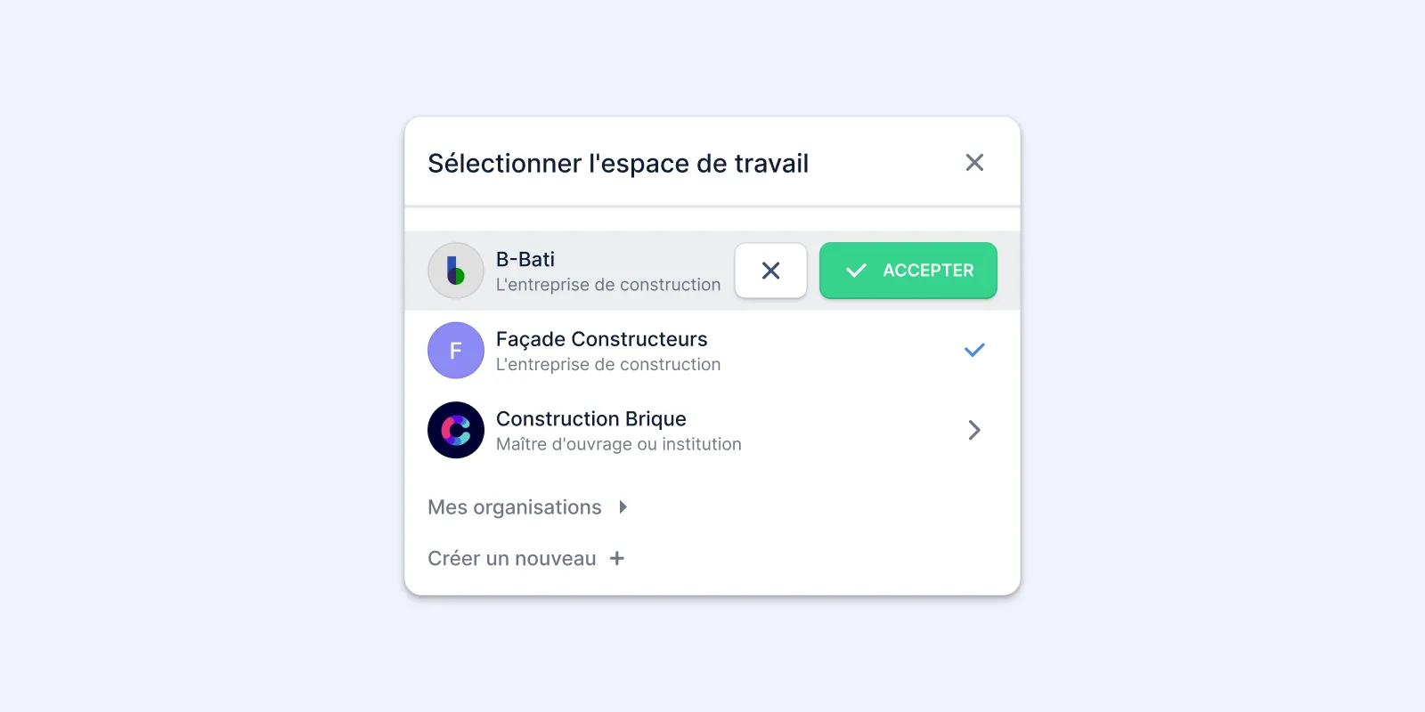 Utilisation de différentes organisations dans Batieu