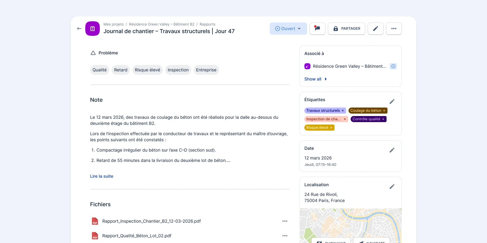 Exemple de rapport de travaux de construction dans l’application Batieu