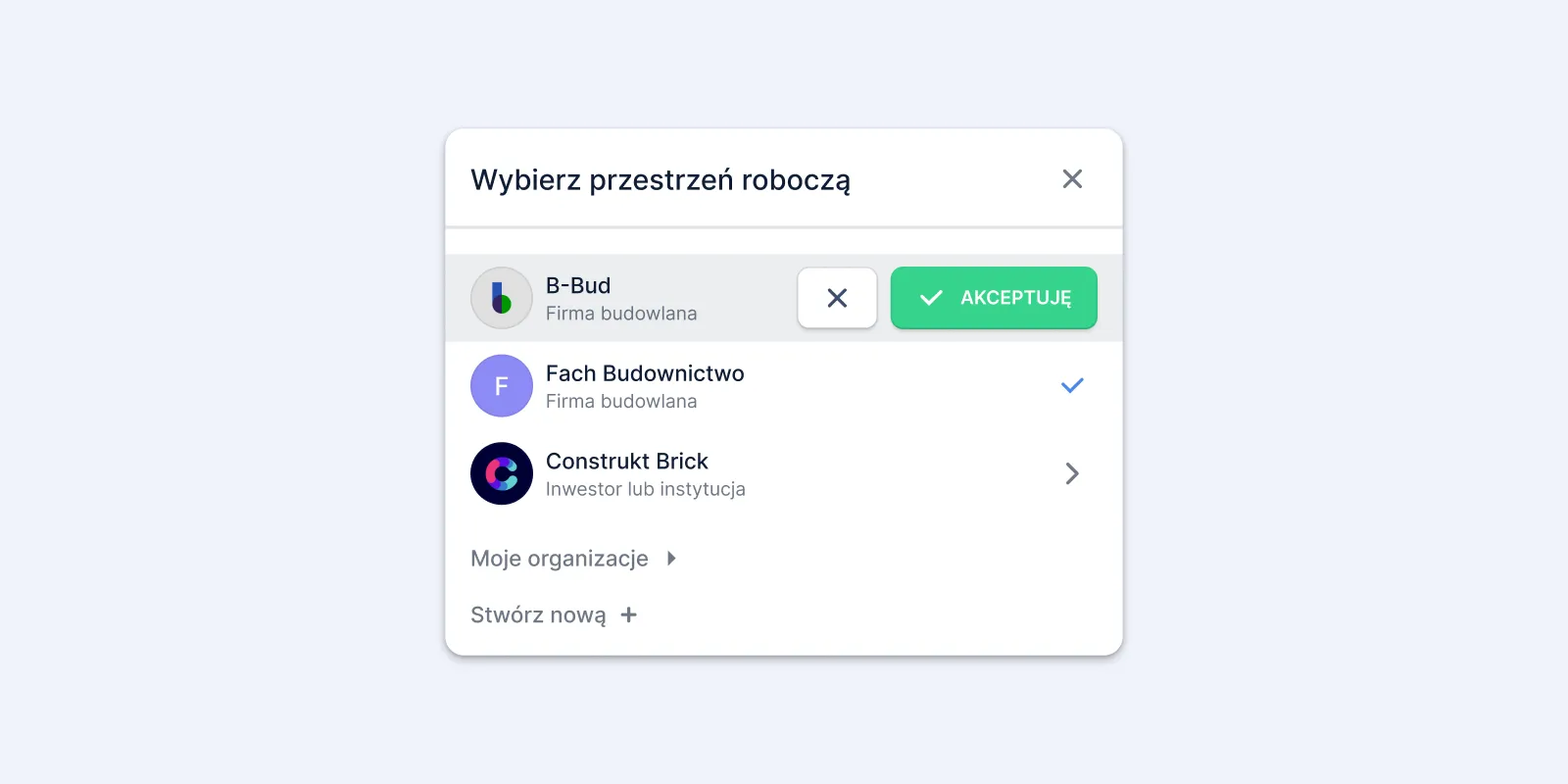 Przełączanie i zarządzanie obszarami roboczymi w aplikacji budowlanej