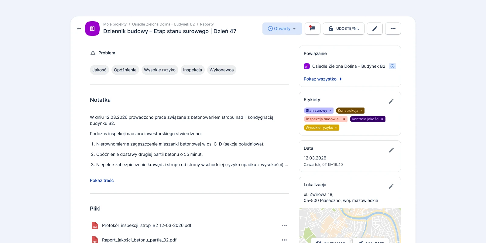 Raporty w aplikacjach budowlanych - przykład Dziennika budowy